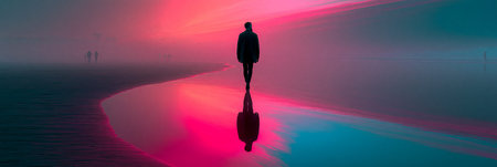 Person walking along a beach reflecting vibrant pink and blue sunset sky. Person walking on beach reflecting surreal sunset colors