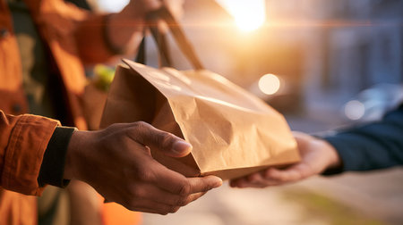 Hand delivering a take away paper bag with food or goods outdoors. Person handing take away paper bag delivering food