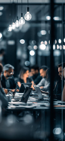 Professional diverse business team collaborating with laptops and documents in a contemporary office setting. Business team working in modern glass conference room