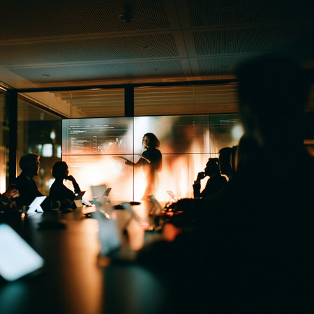 Business team attending a presentation in a dark, ultra-modern corporate meeting room at night. Businesswoman presenting data to colleagues in modern boardroom