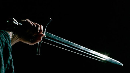 Hand holding a sharp metal sword against a dark, moody background. Hand gripping medieval short sword pointing upwards