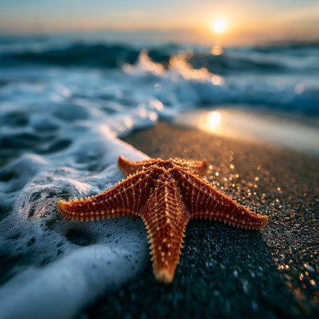 Starfish lying on wet sand with ocean waves during a peaceful sunset. Starfish resting on beach sand during sunset