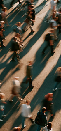 Busy crowd walking on crosswalk, creating dynamic flow and long shadows. People moving across urban pedestrian crossing with motion blur