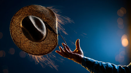 Hand reaching for a flying straw hat with sand particles scattering against a blue background. Hand throwing straw hat with sand particles in motion
