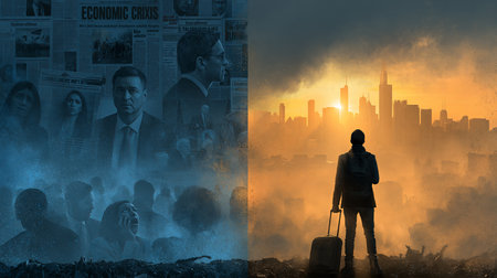 Man carrying briefcase standing between economic crisis and a hopeful city skyline. Immigrant journeying from economic crisis to urban opportunity