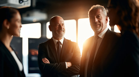 Three business professionals collaborating and communicating in a backlit modern office. Senior business executives discussing strategy during meeting