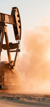 Oil pumpjack working in a hazy atmospheric setting, symbolizing fossil fuel extraction and energy. Oil pumpjack extracting crude energy at sunrise