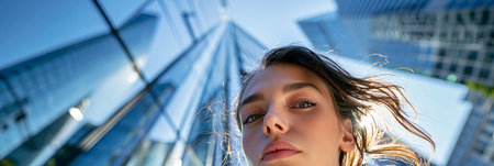 Young businesswoman with glasses gazing at towering skyscrapers, embodying future success and ambition. Young woman looking up at modern city buildings