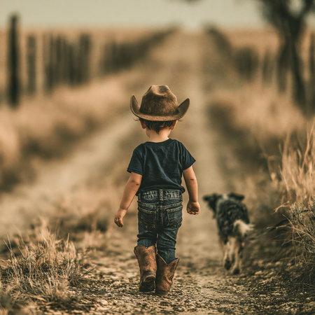 Young boy and loyal dog companion exploring rural path together, representing friendship and adventure. Little cowboy child walking dusty country road with dog