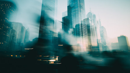 Skyscrapers blurring with light trails, conveying speed and future city life. Modern city buildings blending into dynamic urban motion