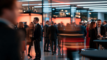 Attendees moving and interacting during a busy professional conference or gathering. Business professionals networking at corporate event with motion blur