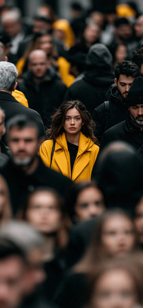 Young woman in a yellow coat standing out in a blurry, desaturated city crowd. Woman in yellow standing out from crowd
