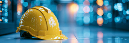 Yellow hard hat on clean floor with futuristic data center construction background. Yellow construction helmet representing industrial safety and technology