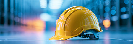 Yellow hard hat on clean floor with futuristic data center construction background. Yellow construction helmet representing industrial safety and technology