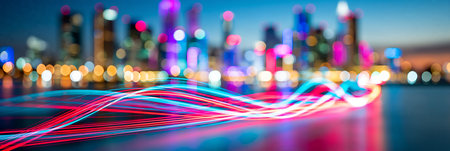 Colorful light trails forming a futuristic urban network against a blurred city skyline. Digital light trails linking modern urban city networks