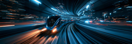 Fast moving through a modern illuminated tunnel, showing concept of data transfer and connectivity. Futuristic transportation tunnel with high speed light trails