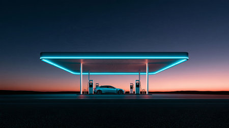 Modern electric car charging at a futuristic station with glowing neon lights. Electric vehicle charging station glowing at dusk