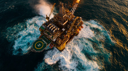 Offshore oil rig operating in deep ocean waters, extracting and producing crude oil. Offshore oil rig producing petroleum from deep sea