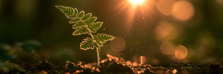Delicate fern sprout emerging on dewy forest floor with warm golden backlight. Fern sprout growing with golden hour light
