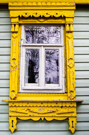 old wooden window village house in Russiaの写真素材