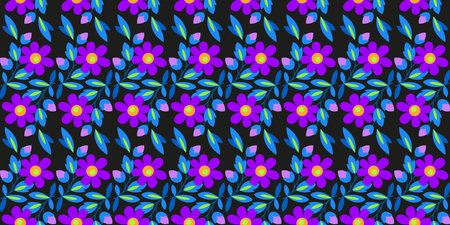 Magic pattern of purple blue flowers on black