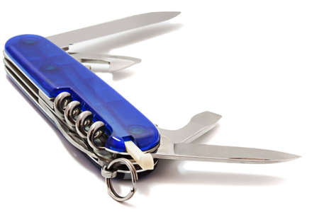 Blue knife with different blades on a white background