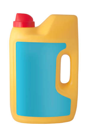 Plastic bottle yellow and blue with a red cover on a white backgroundの写真素材