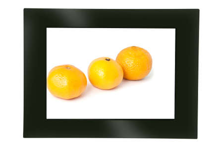 Digital photo frame with the image of 3 tangerines on white backgroundの写真素材