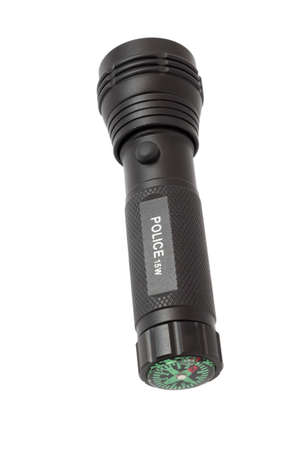 Cop flashlight with compass in black on a white backgroundの写真素材