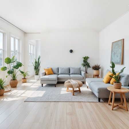 interior of modern bright living room with gray sofa and plants. Nobody insideの素材