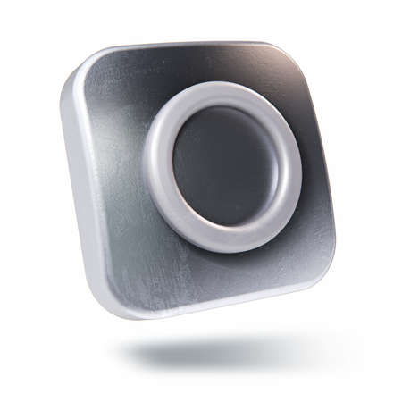 Scratched metallic square icon with circle symbol isolated on whiteの写真素材
