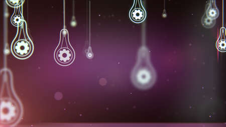 Group of light bulb shapes with gear symbol inside on dark background