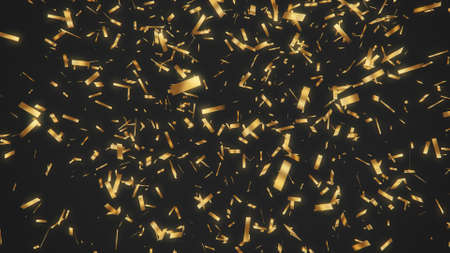 Abstract golden falling confetti with glow on dark background concept render.の写真素材