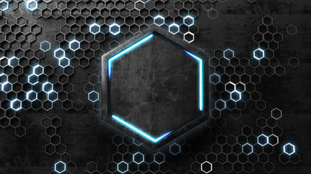 Abstract hexagons random pattern on dark board with central glowing hexagon 3d render.の写真素材