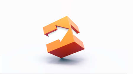 Orange 3d cube with white arrow symbol by the side. Abstract geometric form 3d render in perspective...