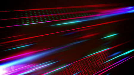 Abstract noises colored lines with dots flow in perspective on dark. Simple geometrical form in...