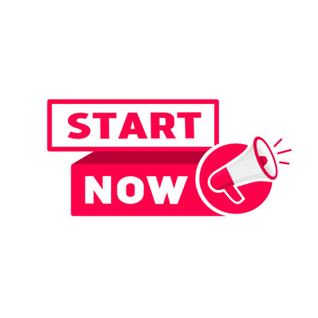 Start now banner template, ribbon, flat icon megaphone. Vector design.のイラスト素材