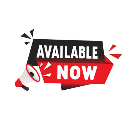 Available now banner, label, badge, flat icon megaphone design. Vector template.のイラスト素材