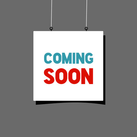 Coming soon hanging banner template. Business concept, advertising or sign coming soon, vector icon.のイラスト素材