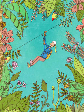 Girl pulling the zip line in tropical nature.の写真素材