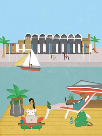 Digital nomads in the port of Valencia. Telecommuting is the future.の写真素材