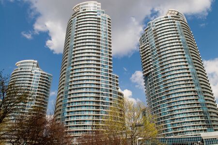 Wideangle shot of three modern residential towers in Torontoの写真素材