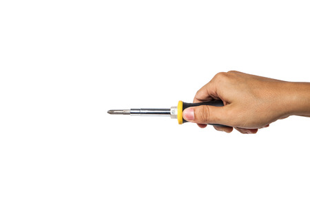 Screwdriver with hand isolated on a white backgroundの写真素材