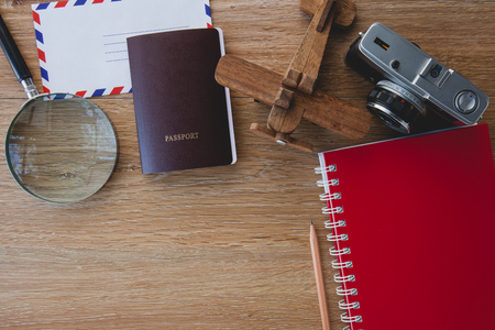 Outfit of traveler, Different objects on wooden background.の写真素材