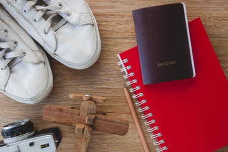 Outfit of traveler, Different objects on wooden background.の写真素材