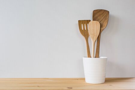 Kitchen cooking utensils; wooden spatulas etc.の写真素材