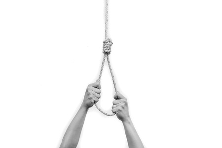 BW tone of Hands holding rope slipknot isolated on white background