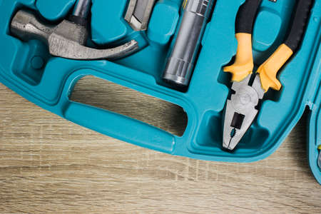 Set of tools on wooden table.の写真素材