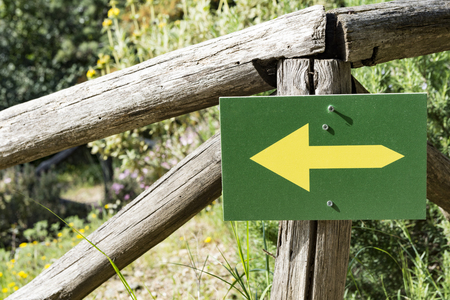 signs that points to the left in the forestの写真素材