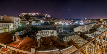 acropolis by night panorama, plaka and roman agora viewの写真素材